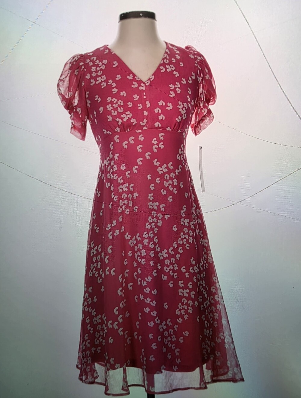 NWT Calvin Klein Pink Floral Puff Sleeve Mini Dress V Neck Fit & Flare Size 14